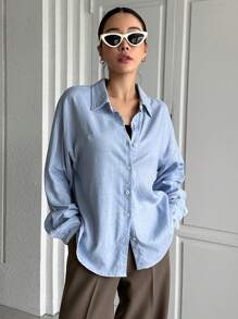 DAZY Solid Button Front Drop Shoulder Shirt Long Sleeve - Blue - View 5