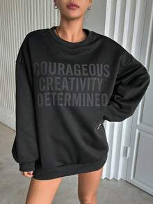 DAZY 字母圖案落肩袖運動衫 - 深灰色 - 查看 4