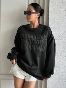 DAZY 字母圖案落肩袖運動衫 - 深灰色 - 查看 8