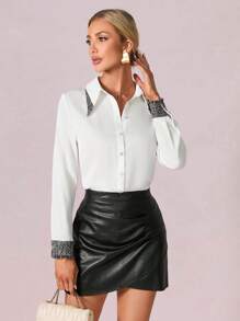 SHEIN Clasi Tương phản Tweed Cổ tay áo Nút phía trước Áo sơ mi - trắng - Xem 2