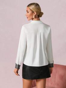 SHEIN Clasi Tương phản Tweed Cổ tay áo Nút phía trước Áo sơ mi - trắng - Xem 3