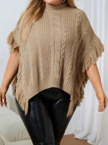 Celure Plus Fringe Trim Cable Knit Poncho Knit Pullover Fall Winter Sweater - Khaki - View 4
