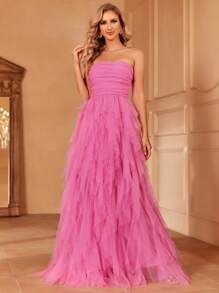 Ruffle Trim Mesh Tube Wedding Dress - Pink - View 2