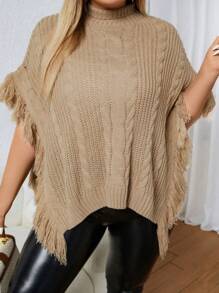 Celure Plus Fringe Trim Cable Knit Poncho Knit Pullover Fall Winter Sweater - Khaki - View 6