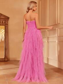 Ruffle Trim Mesh Tube Wedding Dress - Pink - View 3