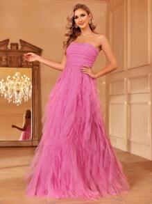 Ruffle Trim Mesh Tube Wedding Dress - Pink - View 4