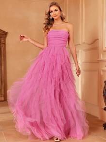 Ruffle Trim Mesh Tube Wedding Dress - Pink - View 5