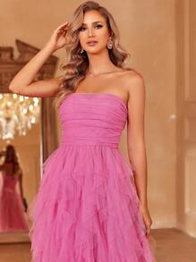 Ruffle Trim Mesh Tube Wedding Dress - Pink - View 6