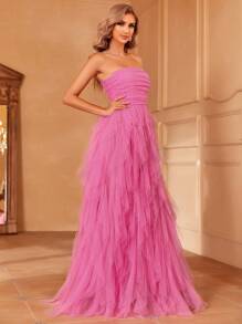 Ruffle Trim Mesh Tube Wedding Dress - Pink - View 7
