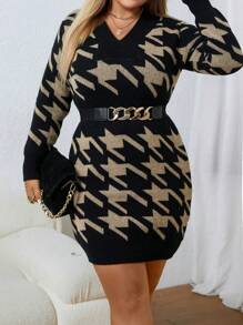 Celure 大碼千鳥格圖案毛衣洋裝不附腰帶 - 彩色 - 查看 5