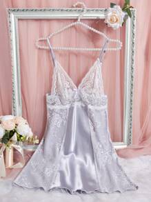 Vestido de dormir de tirantes con encaje en contraste - Blanco - Ver 1