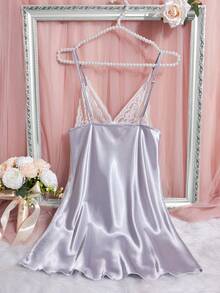 Vestido de dormir de tirantes con encaje en contraste - Blanco - Ver 2