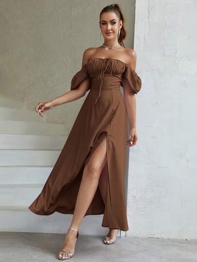 PARTHEA Off Shoulder Ruched Bust Split Thigh Dress Summer Elegant Brown