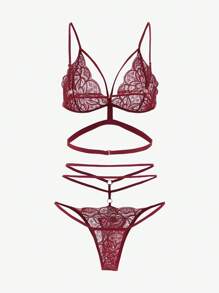 Set de lencería con encaje floral arnés - Burdeos - Ver 4