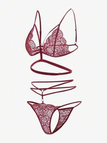 Set de lencería con encaje floral arnés - Burdeos - Ver 5