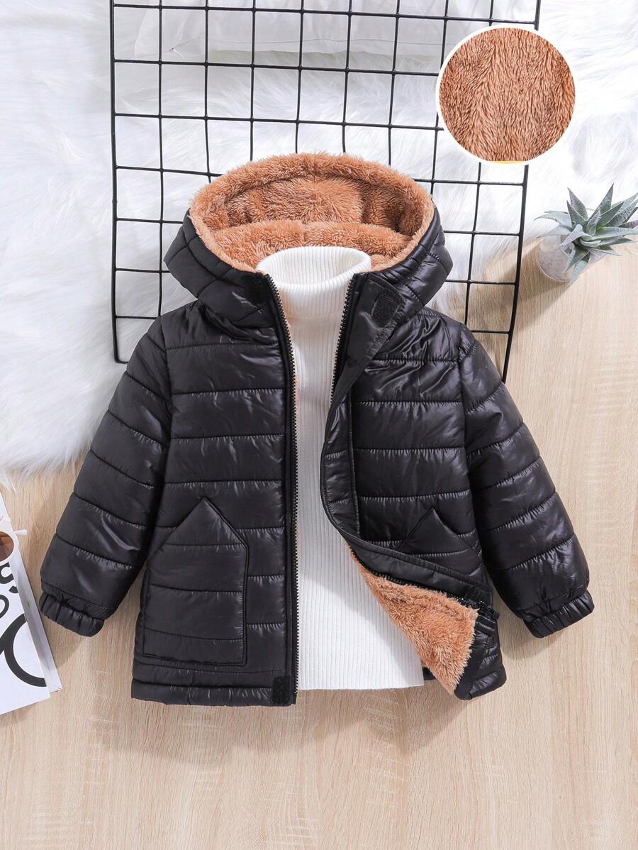 SHEIN Áo khoác trẻ em lót nhiệt có mũ trùm đầu có đệm - màu đen - Xem 1