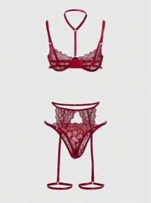ROMWE Kawaii 3pack Floral Lace Underwire Garter Lingerie Set - Burgundy - View 2