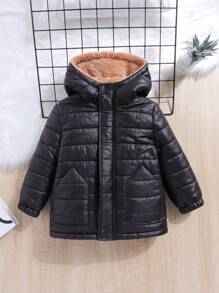 SHEIN Áo khoác trẻ em lót nhiệt có mũ trùm đầu có đệm - màu đen - Xem 6