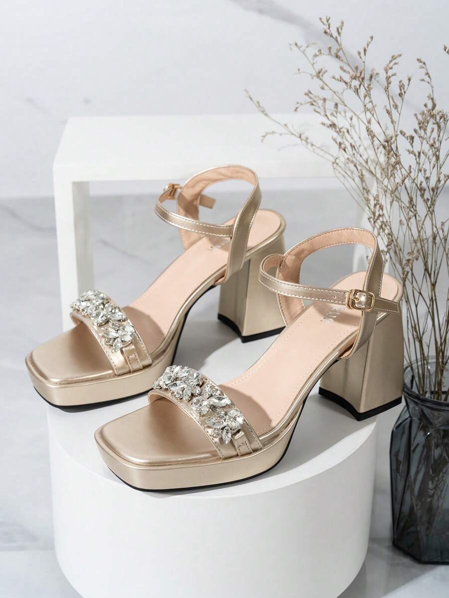 Sandalias de plataforma de moda para mujer con tacones gruesos y abultados, tacones altos dorados para vestidos de boda y fiesta, zapatos de cuña de verano - Dorado - Ver 1