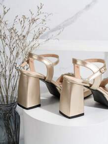 Sandalias de plataforma de moda para mujer con tacones gruesos y abultados, tacones altos dorados para vestidos de boda y fiesta, zapatos de cuña de verano - Dorado - Ver 3