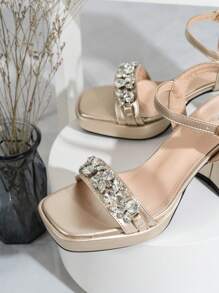 Sandalias de plataforma de moda para mujer con tacones gruesos y abultados, tacones altos dorados para vestidos de boda y fiesta, zapatos de cuña de verano - Dorado - Ver 4
