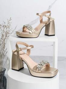 Sandalias de plataforma de moda para mujer con tacones gruesos y abultados, tacones altos dorados para vestidos de boda y fiesta, zapatos de cuña de verano - Dorado - Ver 7