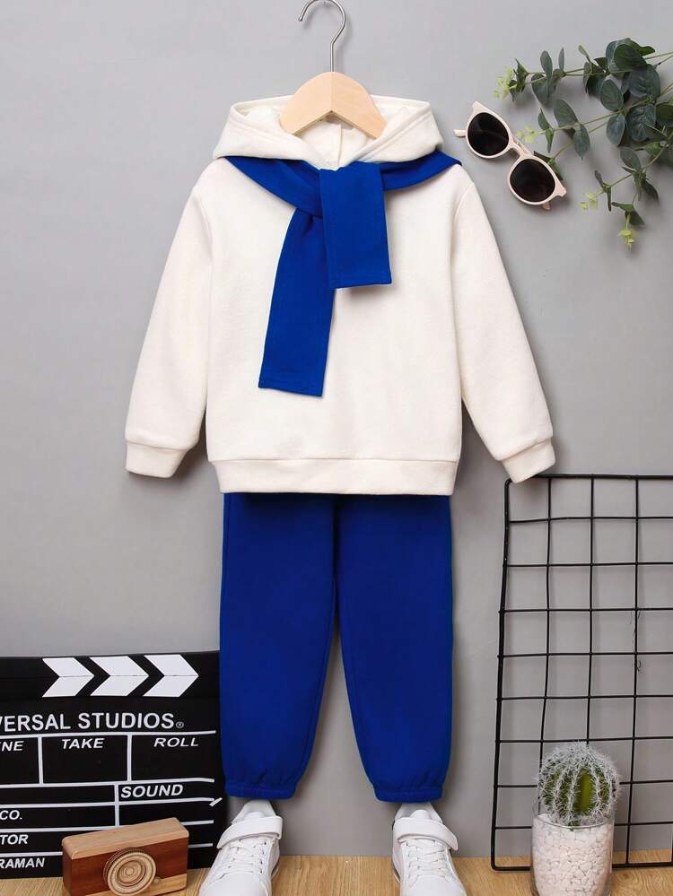 Young Boy Casual Solid Color Hooded Sweatshirt, Knit Pants And Scarf Set - Thin, Fleece, Thicken