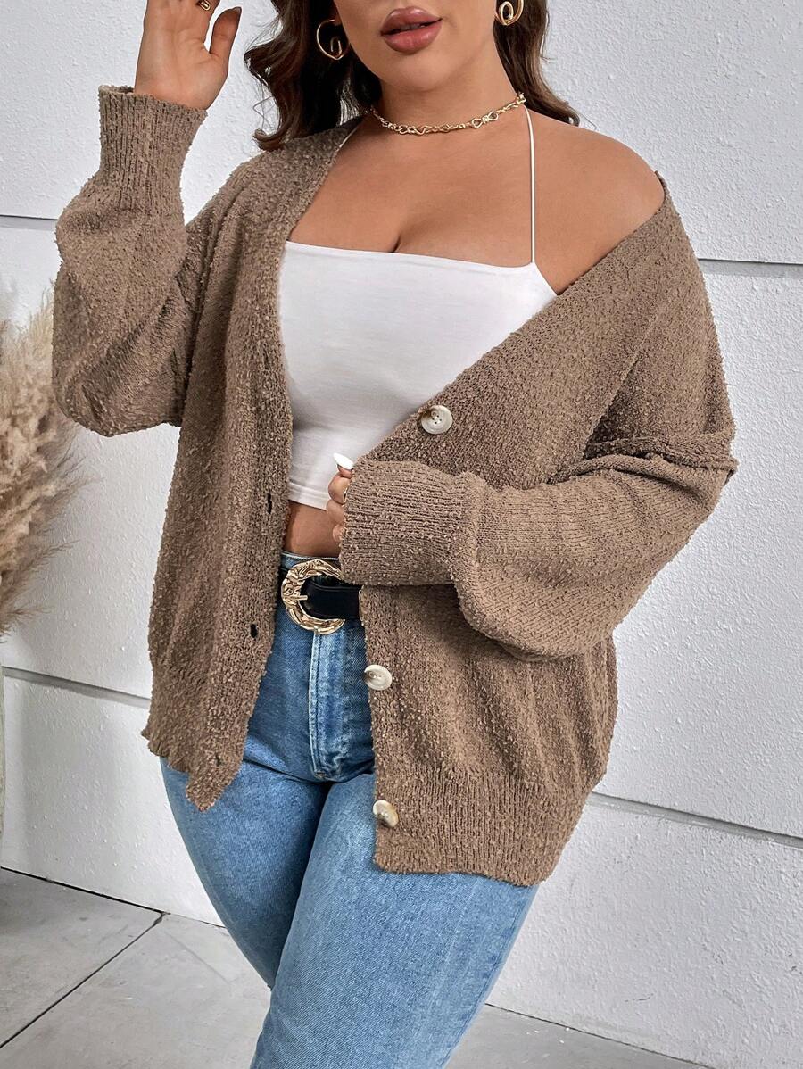 SHEIN LUNE Plus Drop Shoulder Button Front Cardigan - Mocha Brown - View 1
