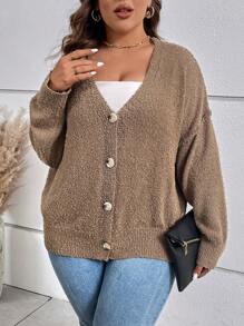 SHEIN LUNE Plus Drop Shoulder Button Front Cardigan - Mocha Brown - View 3