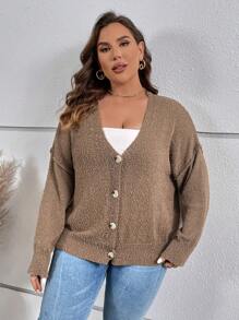 SHEIN LUNE Plus Drop Shoulder Button Front Cardigan - Mocha Brown - View 4