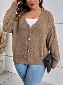 SHEIN LUNE Plus Drop Shoulder Button Front Cardigan - Mocha Brown - View 5