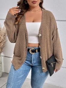 SHEIN LUNE Plus Drop Shoulder Button Front Cardigan - Mocha Brown - View 6