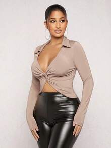 SHEIN SXY Mặt trước xoắn Áo phông Crop - màu nâu - Xem 4