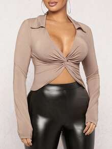 SHEIN SXY Mặt trước xoắn Áo phông Crop - màu nâu - Xem 6