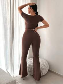 SHEIN SXY 船領t恤和喇叭褲生日裝,情人節單身派對,春季女裝 - 咖啡棕 - 查看 2