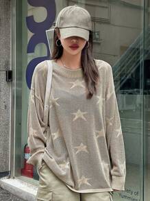 DAZY Star Pattern Drop Shoulder Jumper - Khaki - View 1