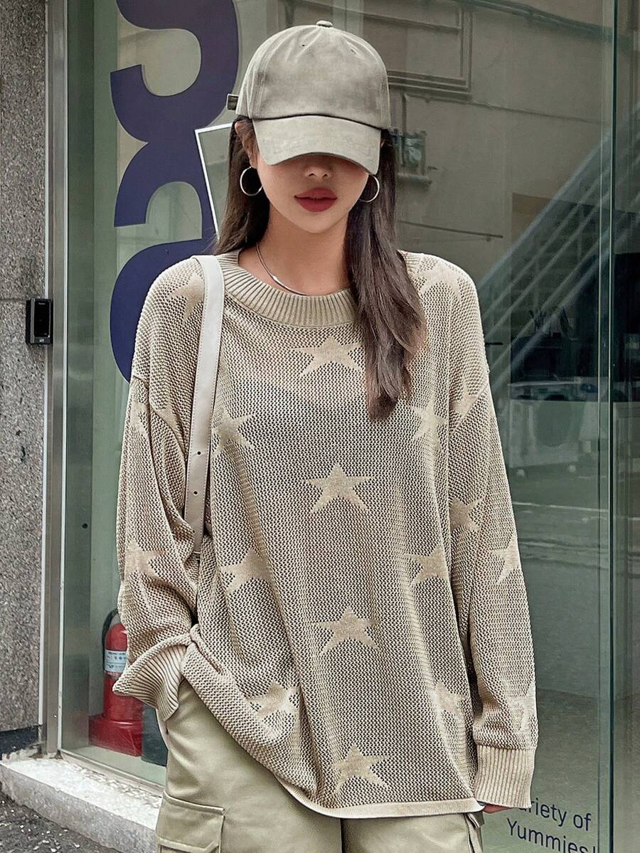 DAZY Star Pattern Drop Shoulder Jumper - Khaki - View 1