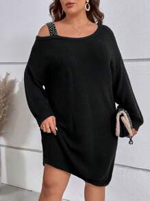 SHEIN LUNE Plus Asymmetrical Neck Drop Shoulder Sweater Dress - Black - View 6