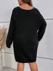 SHEIN LUNE Plus Asymmetrical Neck Drop Shoulder Sweater Dress - Black - View 2