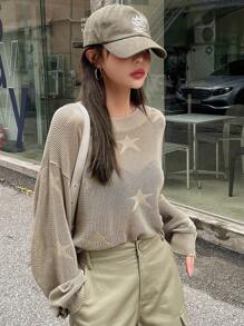 DAZY Star Pattern Drop Shoulder Jumper - Khaki - View 4