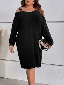 SHEIN LUNE Plus Asymmetrical Neck Drop Shoulder Sweater Dress - Black - View 4