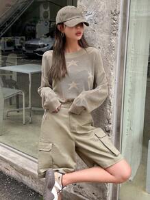 DAZY Star Pattern Drop Shoulder Jumper - Khaki - View 5