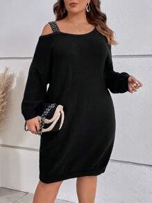 SHEIN LUNE Plus Asymmetrical Neck Drop Shoulder Sweater Dress - Black - View 5
