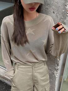 DAZY Star Pattern Drop Shoulder Jumper - Khaki - View 6