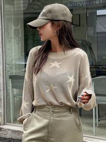 DAZY Star Pattern Drop Shoulder Jumper - Khaki - View 7
