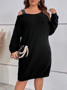 SHEIN LUNE Plus Asymmetrical Neck Drop Shoulder Sweater Dress - Black - View 7