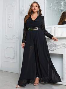 大碼垂墜亮片細節網紗覆蓋連身褲 - 黑色 - 查看 3