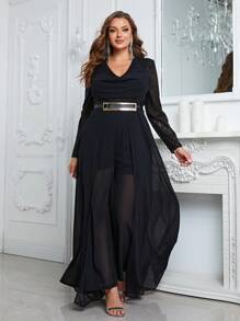 大碼垂墜亮片細節網紗覆蓋連身褲 - 黑色 - 查看 5