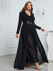 大碼垂墜亮片細節網紗覆蓋連身褲 - 黑色 - 查看 7