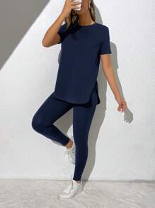 SHEIN Essnce Solid Split Hem Tee & Leggings - Navy Blue - View 1